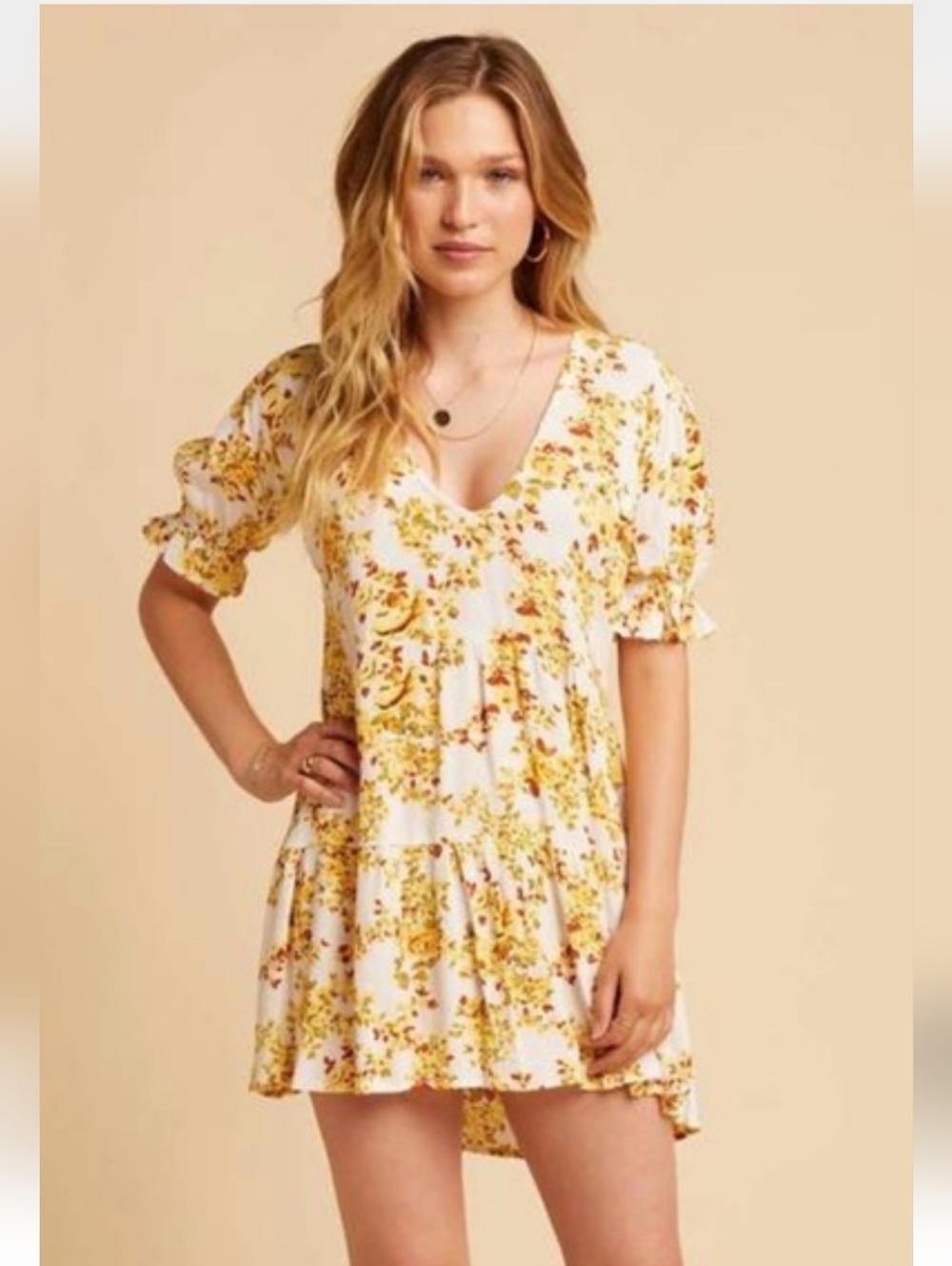 Women’s White and Yellow Floral V-Neck Dress